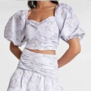 Express Floral Puff Sleeve Ruched Crop Top